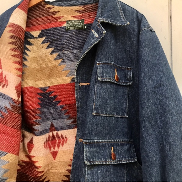 Vintage Ralph Lauren Country Polo Aztec Lined Denim Chore Jacket - Picture 3 of 7